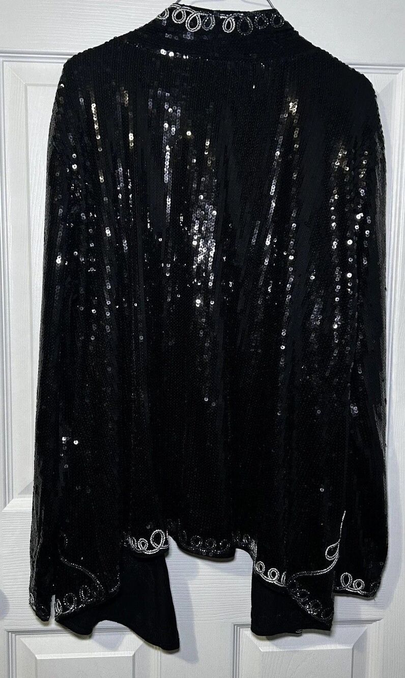 Investments Jacket Women's Large Black Sequin Floral Open Front Knit Embellished - Picture 8 of 11